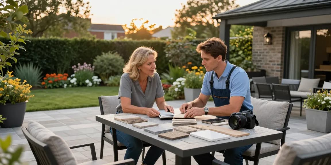 Patio contractors in Dublin discussing design options with a homeowner, showcasing paving materials in a serene outdoor setting.