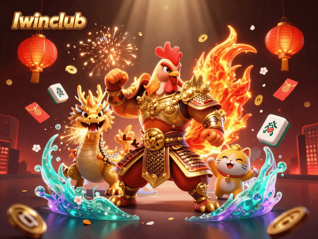 Iwinclub delivers thrilling gameplay with a fighting rooster and dragon in a vibrant casino scene.