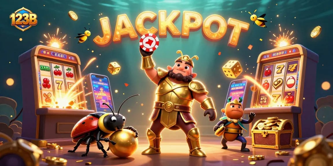 Experience the thrilling jackpot excitement at 123B with a vibrant 3D illustration of a heroic beetle lifting a poker chip amidst a casino explosion.
