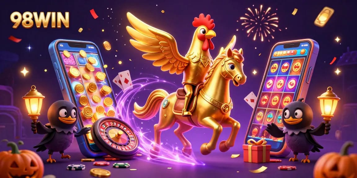 Experience thrilling gaming with 98WIN, a vibrant casino scene filled with action-packed elements.