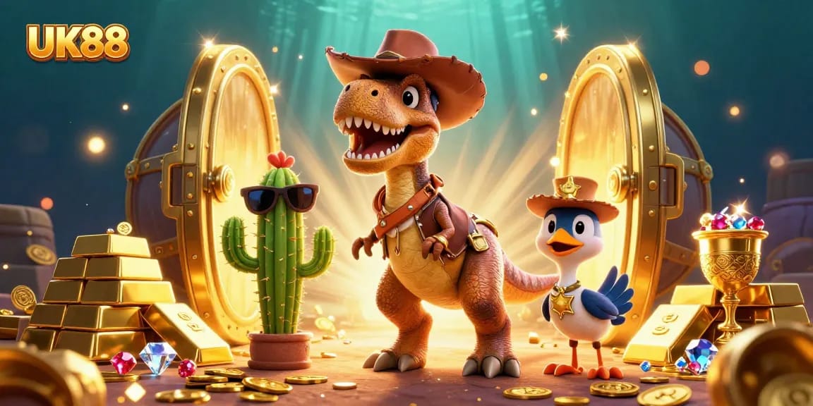 Win big at UK88 with this vibrant illustration showcasing a T-Rex cowboy and treasure elements.