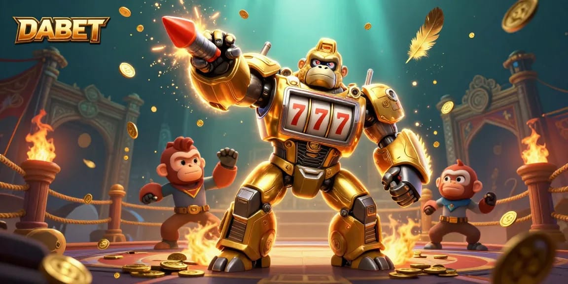 DABET's thrilling online gaming experience depicted by a golden gorilla mech in an action-packed casino scene.