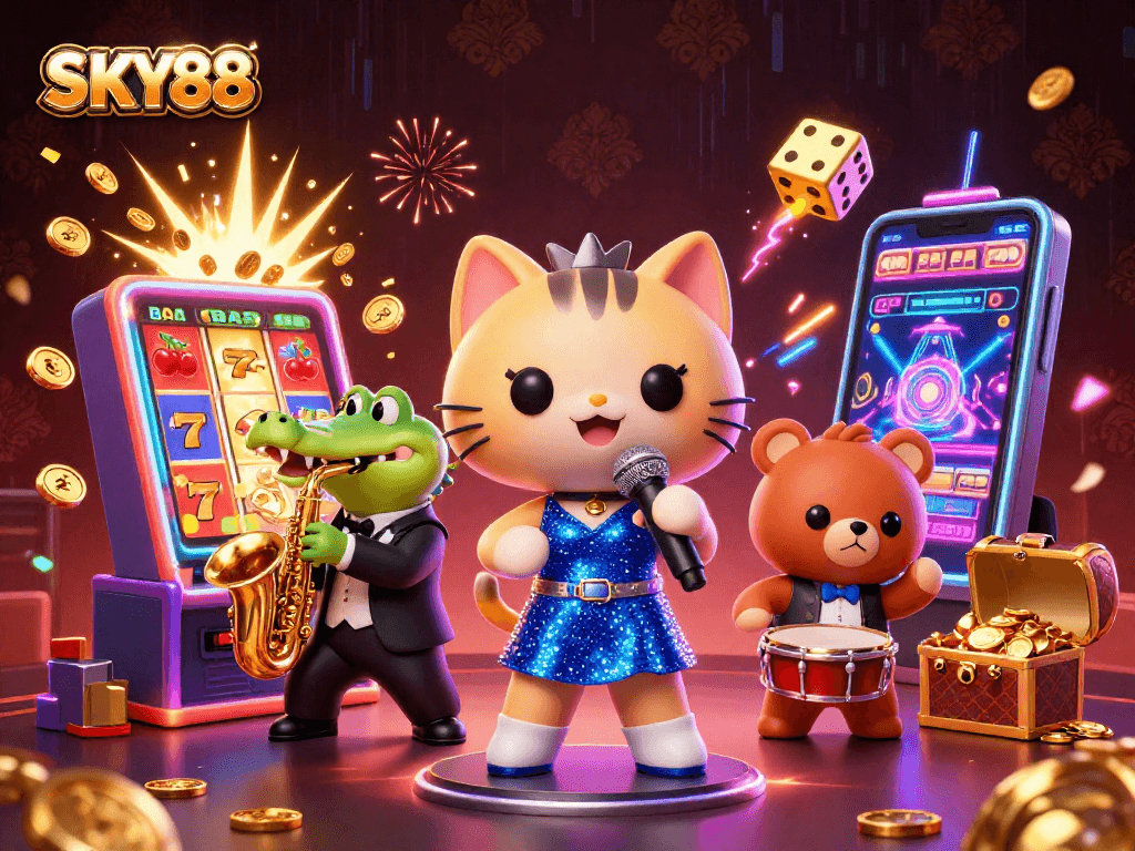 Experience thrilling moments at SKY88 with a vibrant 3D casino scene full of action.
