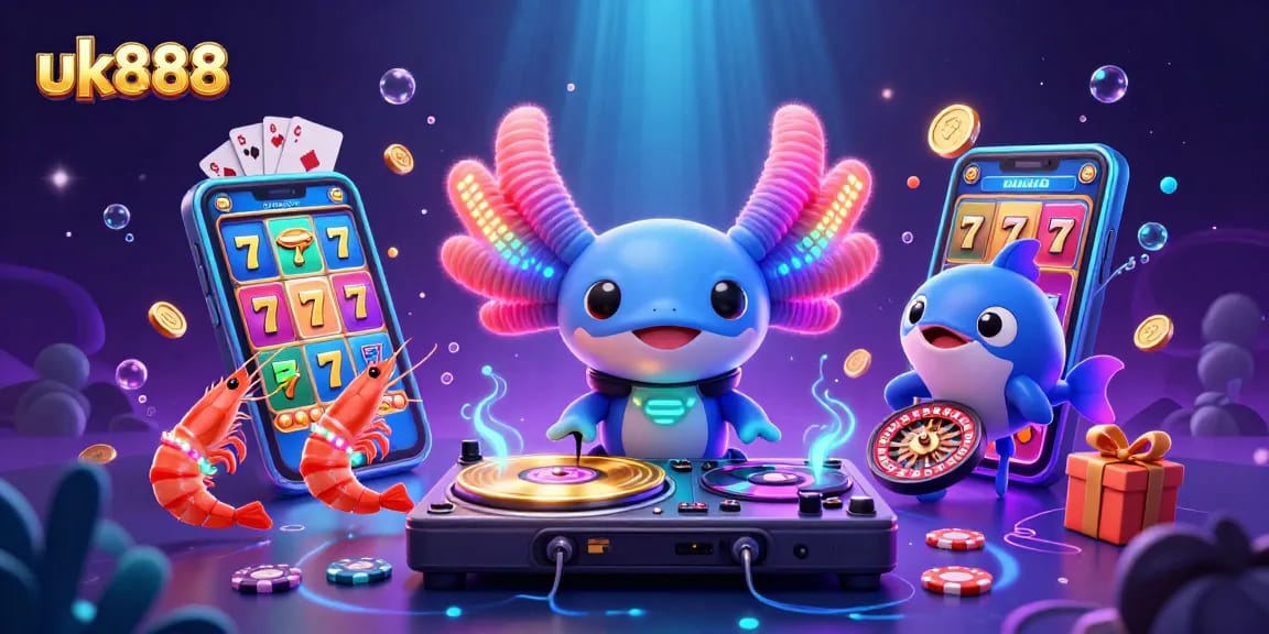 Experience uk888's vibrant gaming atmosphere with an axolotl DJ and lively gambling elements.