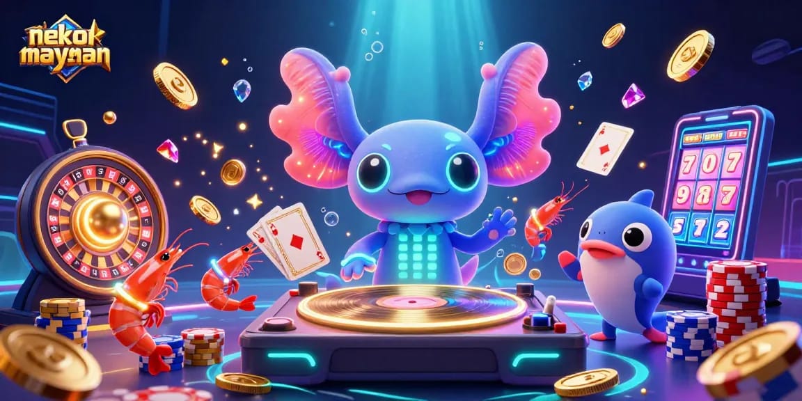 Engage in thrilling gameplay with nekomayman as the vibrant axolotl DJ spins records amidst golden coins and festive casino elements.