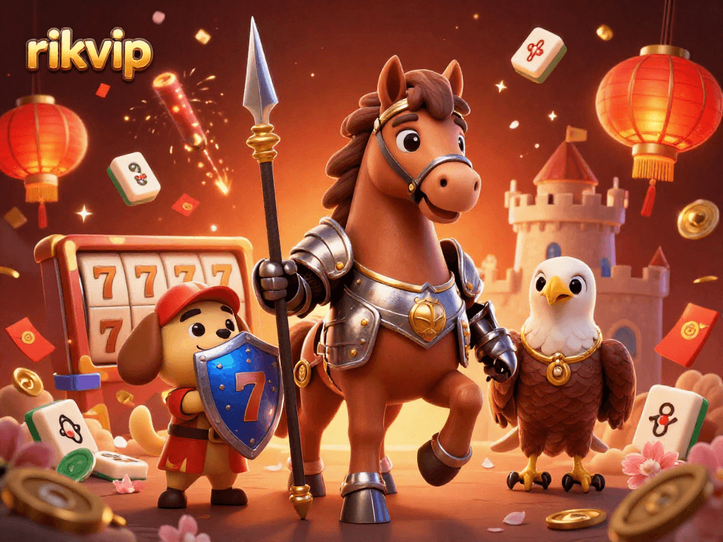 Experience thrilling gameplay with rikvip in this vibrant 3D casino scene featuring a medieval knight and dynamic gaming elements.