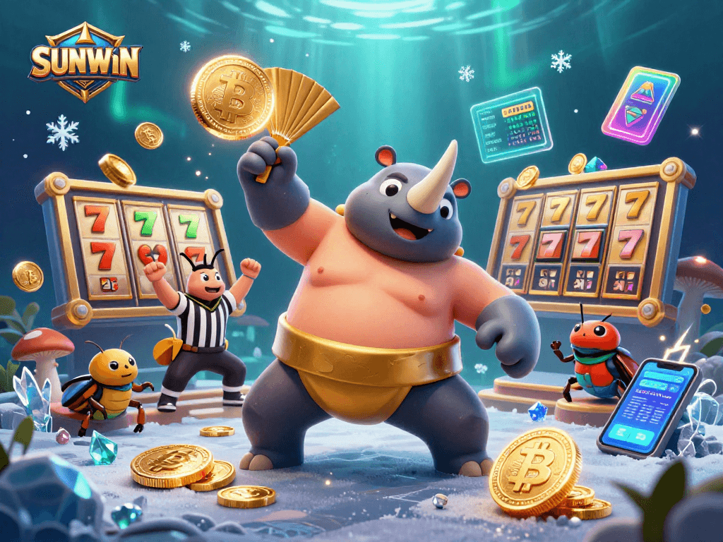 SUNWIN takes center stage as cartoon beetles celebrate a winning moment amidst slot reels and golden coins.