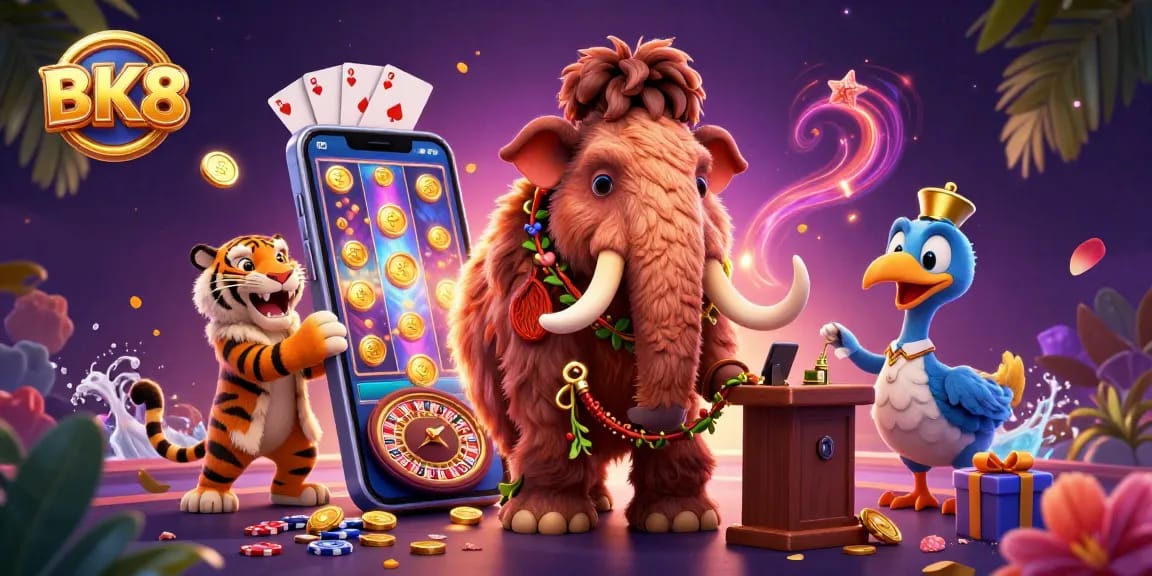BK8 exclusive gaming event featuring a mammoth bouncer, VIP tiger, and dodo doorman surrounded by thrilling casino elements.