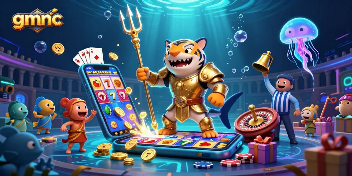 Spin and win with gmnc's vibrant underwater casino scene featuring a shark in gladiator armor.