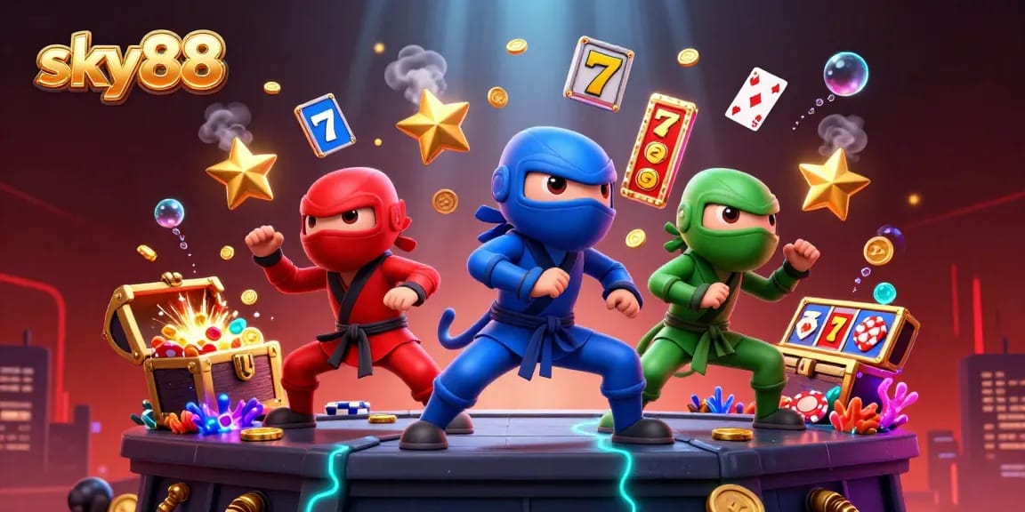 Experience thrilling gameplay at sky88 with ninja chameleons surrounded by slot reels and poker chips.