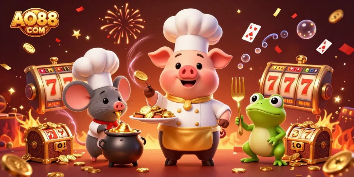 Experience the thrilling world of AO88 COM with vibrant casino elements and lively characters.