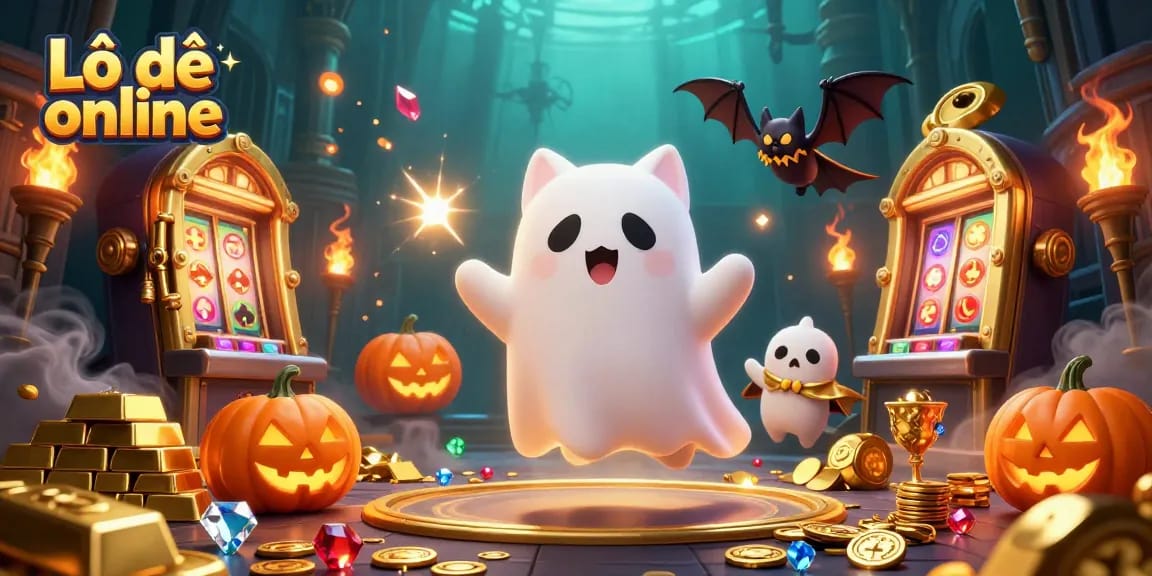 Play Lô đề online with a glowing ghost cat and vampire bat amidst treasure and casino games.