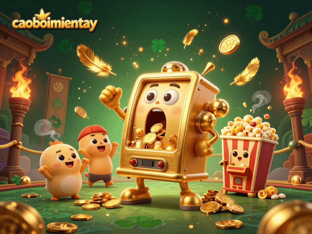 Experience the excitement of caoboimientay as a golden slot machine wins, showering coins amidst cheers.