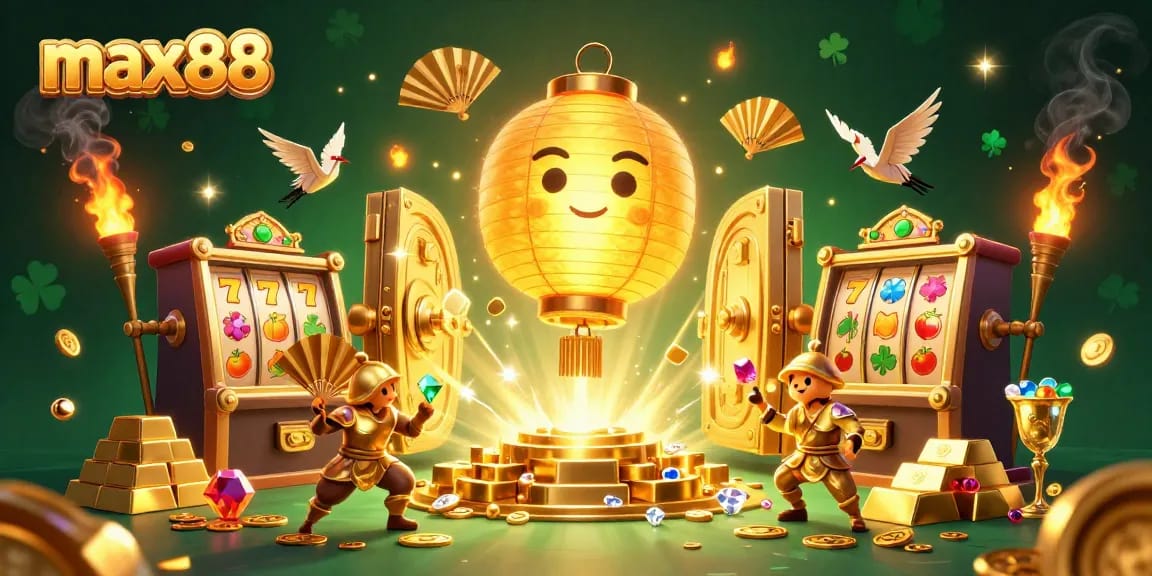 Experience the excitement of max88 with a vibrant casino scene featuring golden lanterns and slot machines.