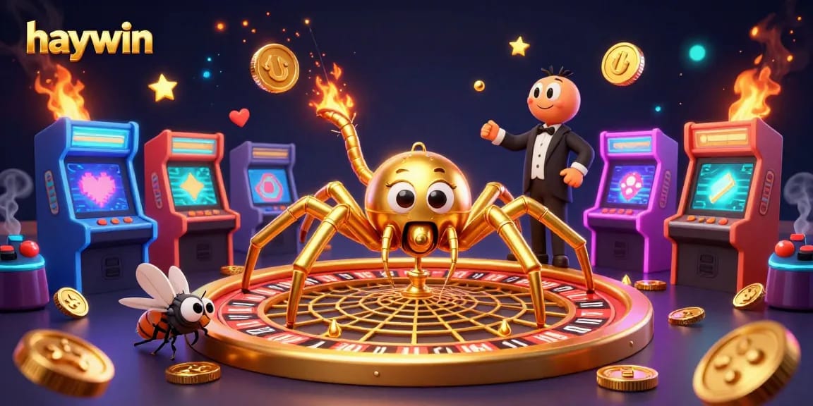 Engage with haywin through thrilling bets in a vibrant 3D casino scene featuring a golden spider and colorful games.