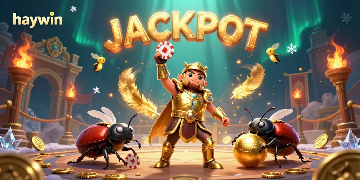 Experience high stakes with haywin, where a victorious beetle lifts a poker chip amidst golden treasures.