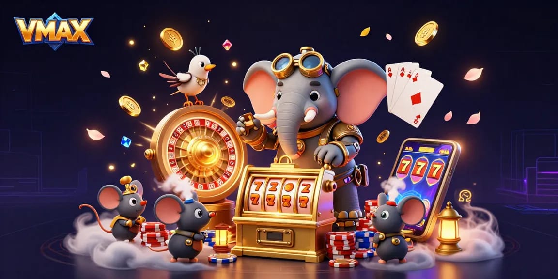 VMAX elevates excitement as steampunk characters interact with vibrant casino elements in a dynamic scene.