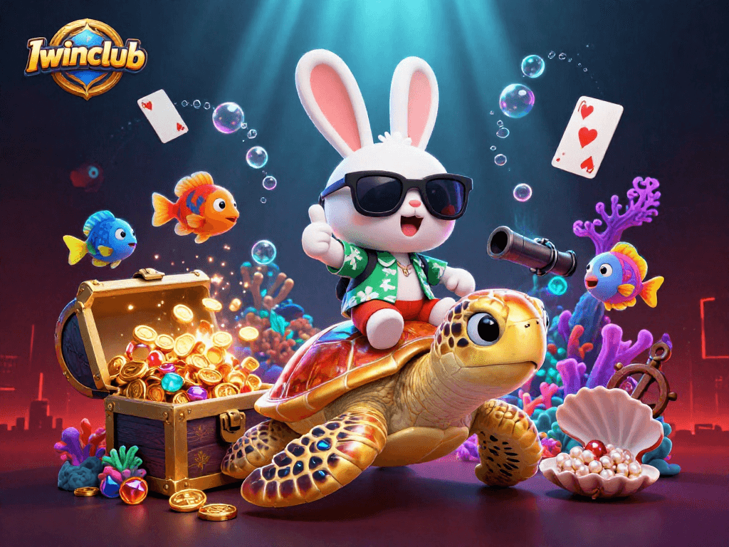 Iwinclub players enjoy vibrant casino action with a lucky rabbit and golden turtle in a colorful underwater scene.