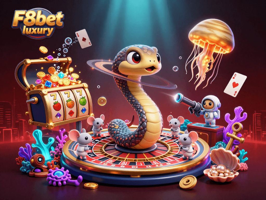 Experience thrilling bets at F8bet luxury's cosmic casino with astronauts and vibrant slots.