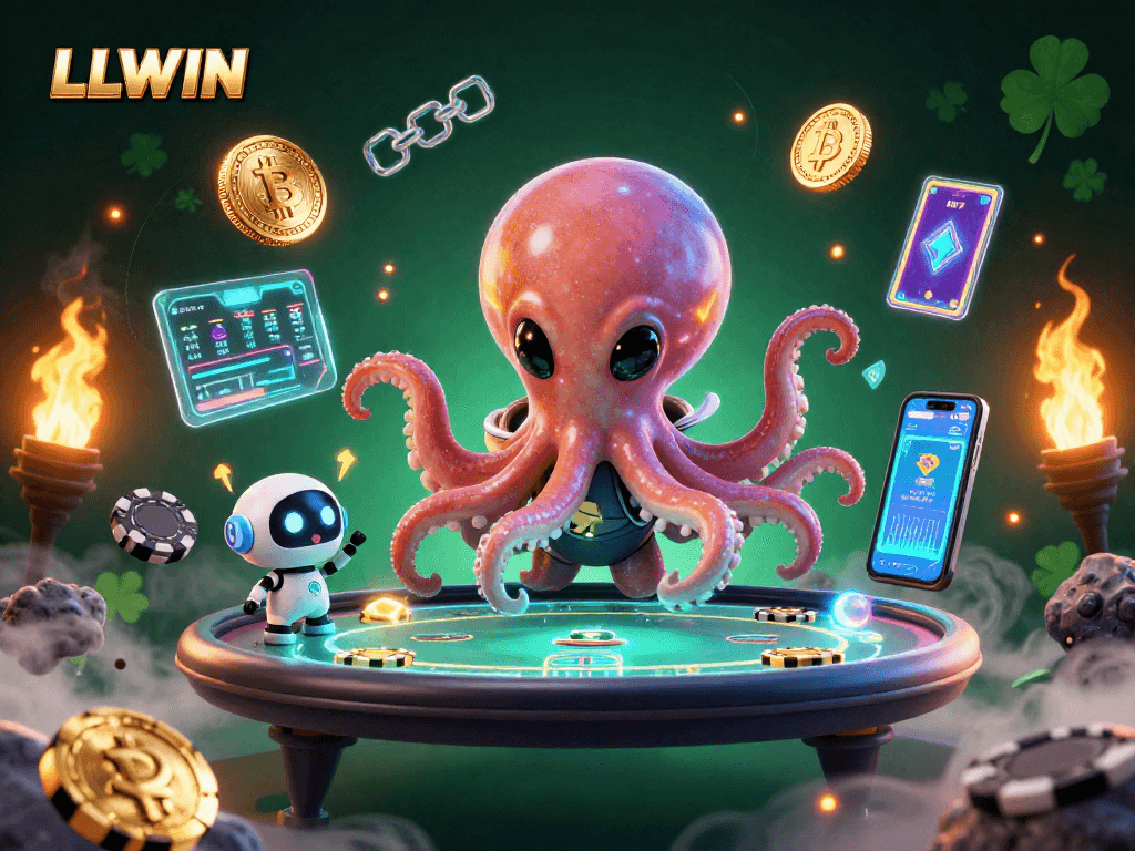 LLWIN showcases an alien octopus at a holographic poker table amidst cryptocurrencies and vibrant visuals.