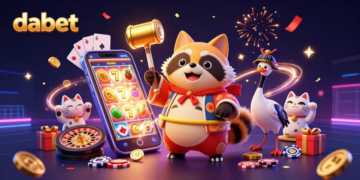 Dabet's virtual gaming showcase featuring vibrant characters and rich casino elements, emphasizing fun and strategy.