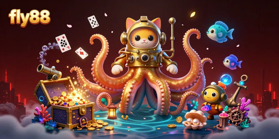 Experience thrilling excitement with fly88 as a colossal kraken and a diving cat engage in an underwater jackpot adventure.