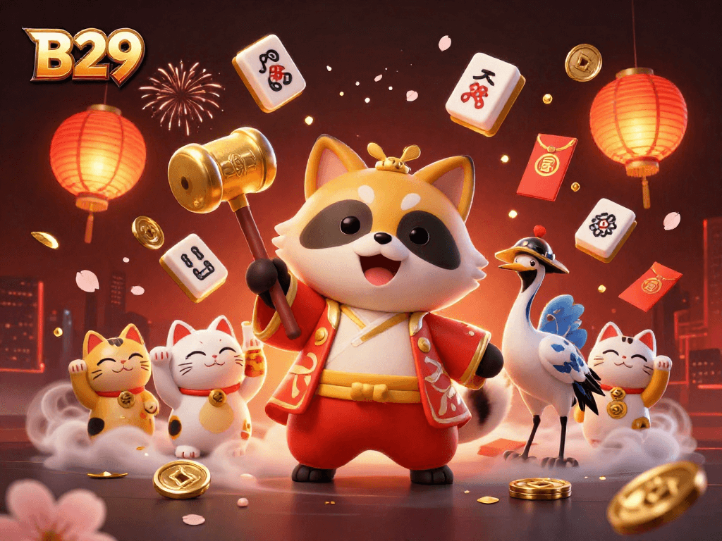 B29 casino game scene featuring a cheerful tanuki, samurai crane, and waving fortune cats amidst festive elements.