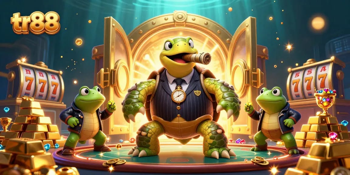 Experience thrills at tr88 with vibrant casino action featuring a snapping turtle and bullfrogs surrounded by treasures.