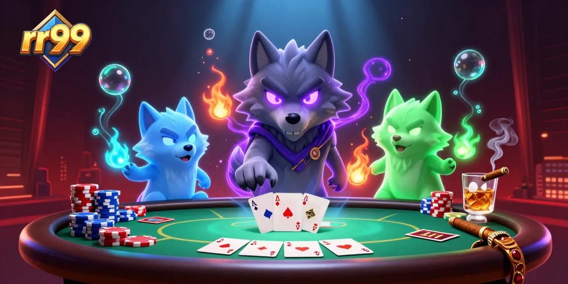 Experience the excitement of rr99 with cartoon wolves at a vibrant poker table amidst glowing game elements.