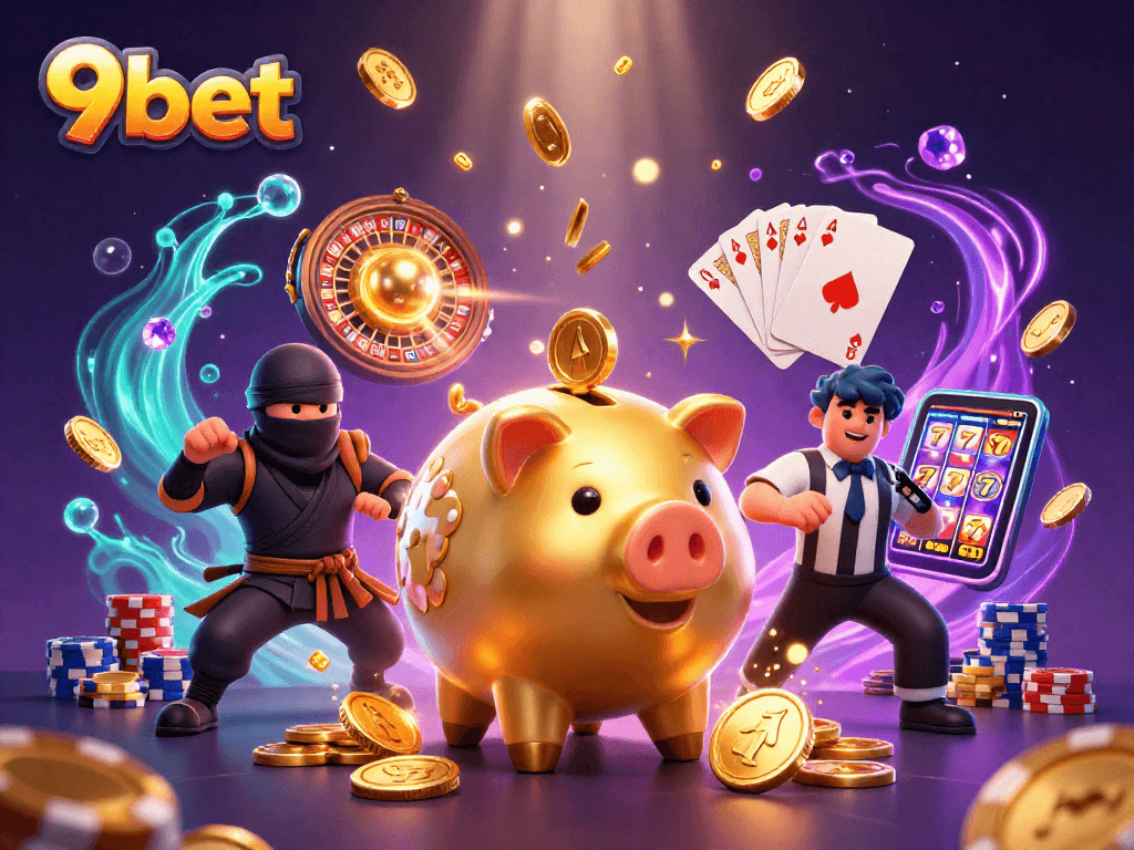 Engage in exciting gameplay with 9bet at a vibrant casino, featuring lively characters and golden coins.