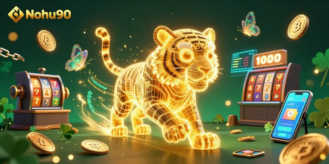 Nohu90 digital casino featuring a golden tiger amidst slot reels and crypto elements in a vibrant scene