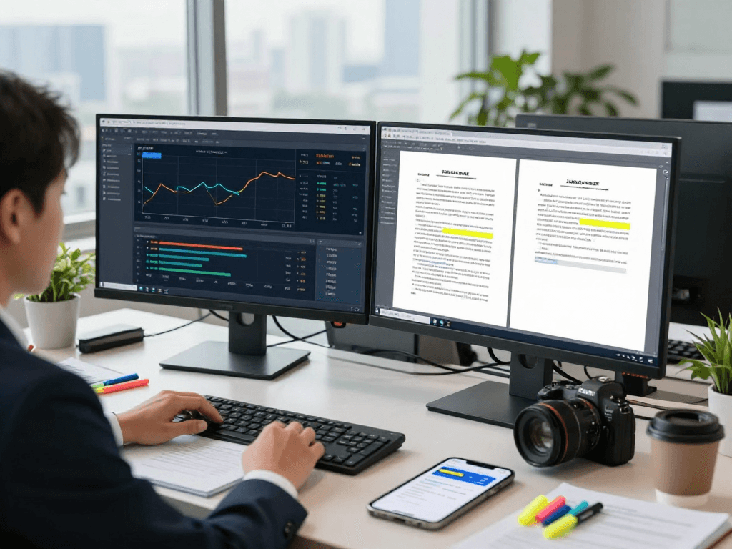 Document fraud detection analysis workspace featuring software interface and document comparisons.