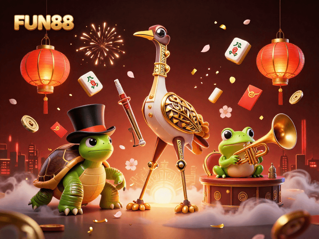 Experience FUN88's excitement in a vibrant casino scene featuring unique characters and festive elements.