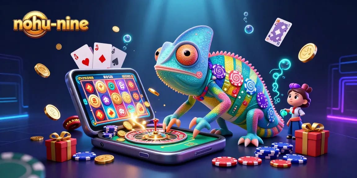 Nohu-nine captures excitement in a dynamic casino scene with an animated chameleon owner and vibrant gaming elements.