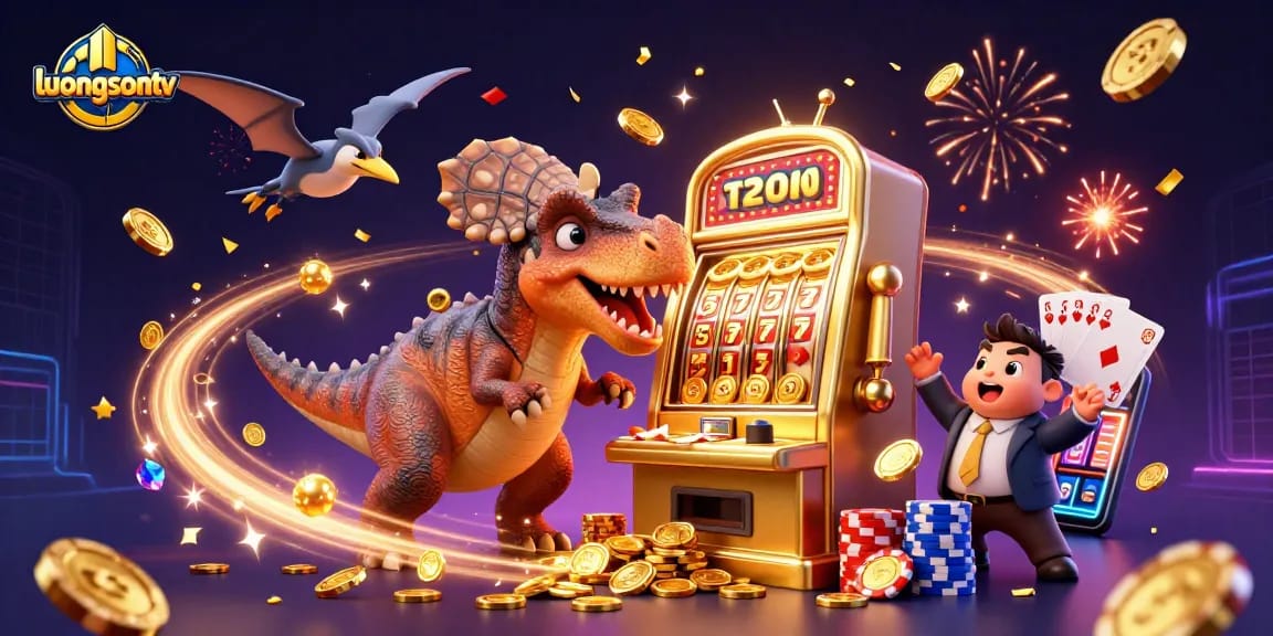 luongsontv features a pachycephalosaurus winning coins at a slot machine in a vibrant casino scene.