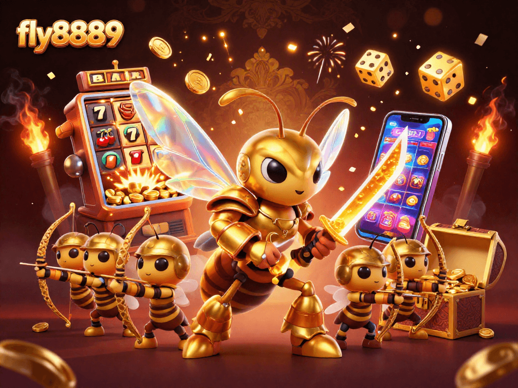 Engage in thrilling gameplay at fly8889 with a dynamic casino scene featuring jackpotted slots and casino games.