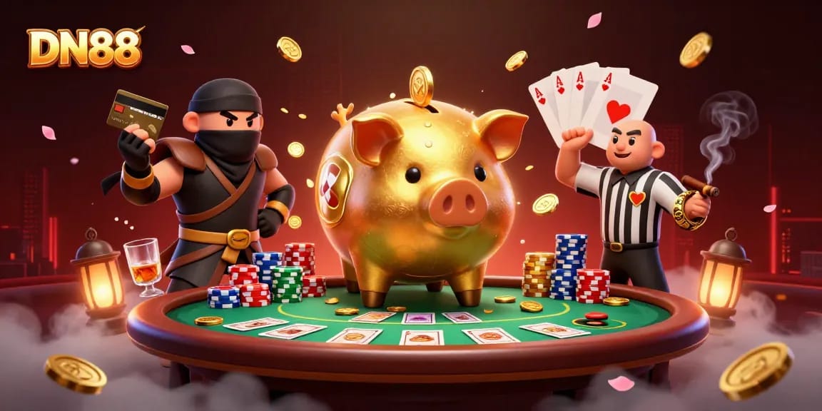 Engage in thrilling gameplay with DN88's vibrant casino scene featuring a sumo wrestler and ninja characters.