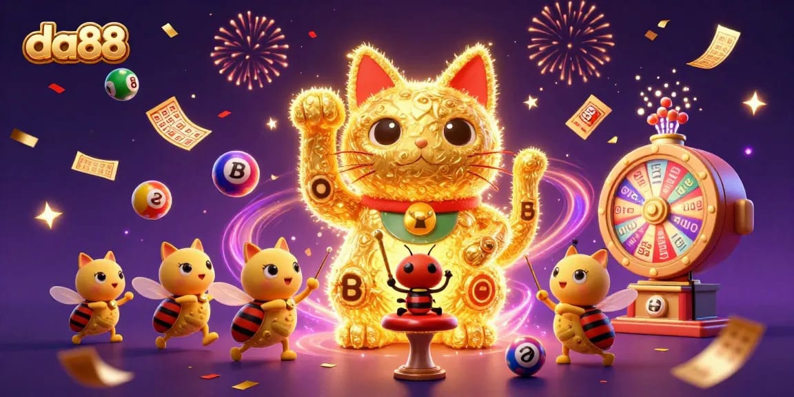 Experience the excitement of da88 with a vibrant, animated scene capturing dynamic casino elements and lucky symbols.