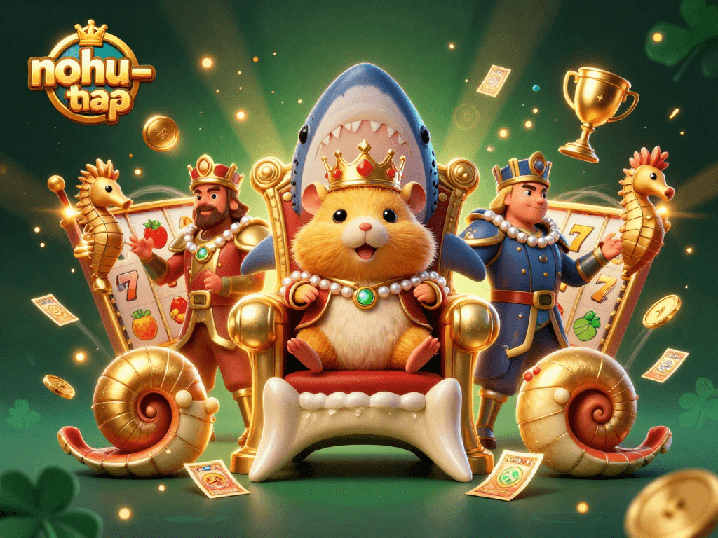 Nohu-toa-thap showcases a vibrant 3D cartoon world with a golden hamster king and slot reels spinning wildly.