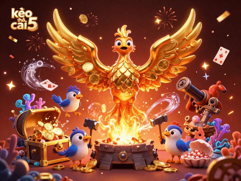 Engage with kèo nhà cái 5 featuring a molten golden phoenix amidst a vibrant gambling celebration scene.