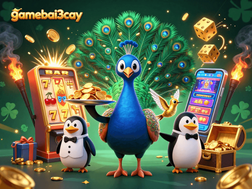 Experience thrilling wins at gamebai3cay with a colorful 3D casino scene showcasing vibrant symbols and energetic characters.