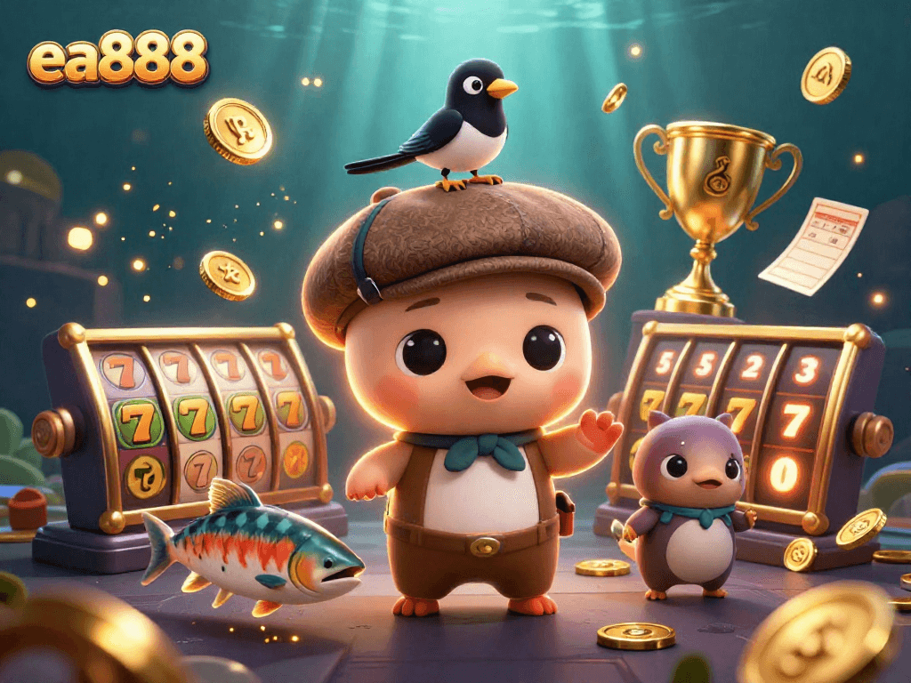 Experience thrilling gameplay with ea888 featuring charming characters, slot reels, and golden coins.