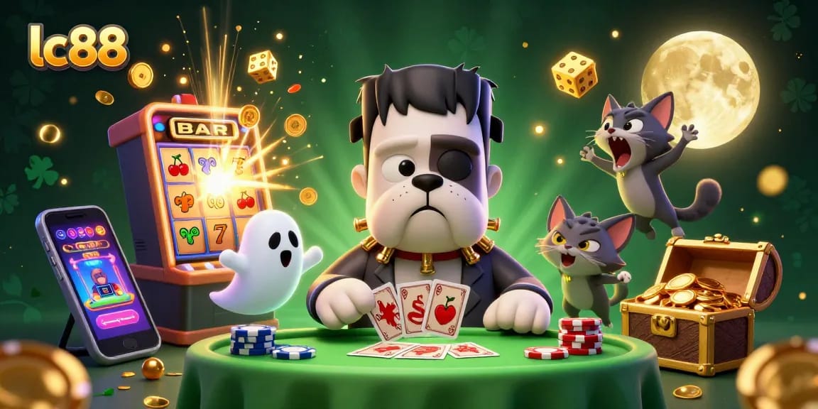 Engage in thrilling slots at lc88 with a spooky card-dealing bulldog surrounded by vibrant game elements.