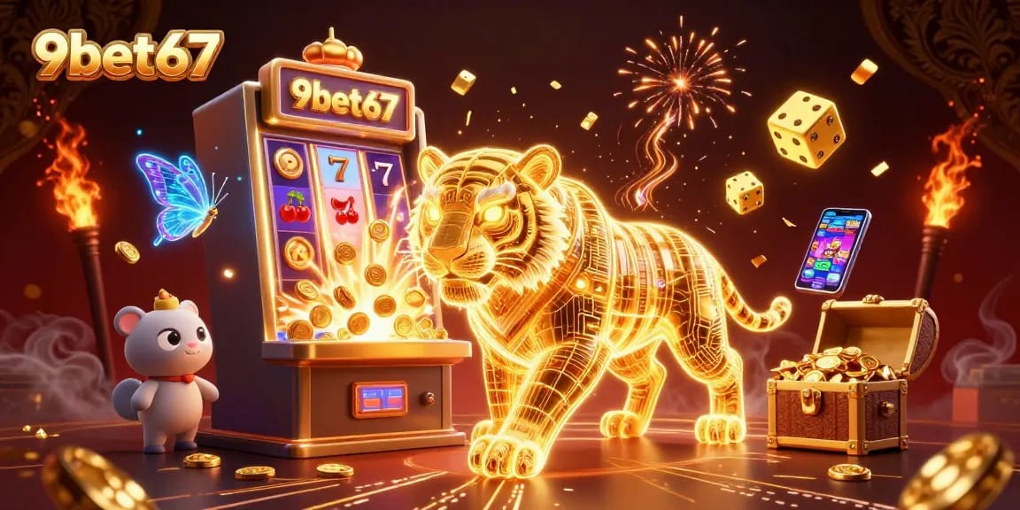 Experience the vibrant digital casino adventure of 9bet67 with a golden tiger and jackpot elements.