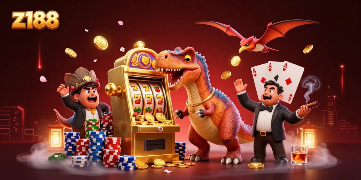 Experience thrilling wins at z188 with a pachycephalosaurus celebrating jackpots amidst vibrant casino action.