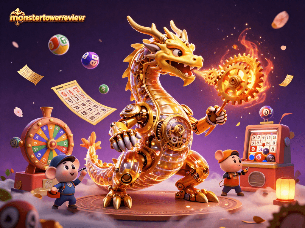 Create winning strategies with monstertowerreview's immersive illustration featuring a mechanical dragon and vibrant gambling elements.