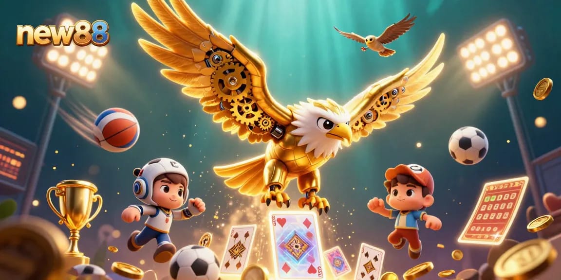 Experience thrilling games with new88 where a cybernetic eagle dives through holographic cards amidst sports excitement.