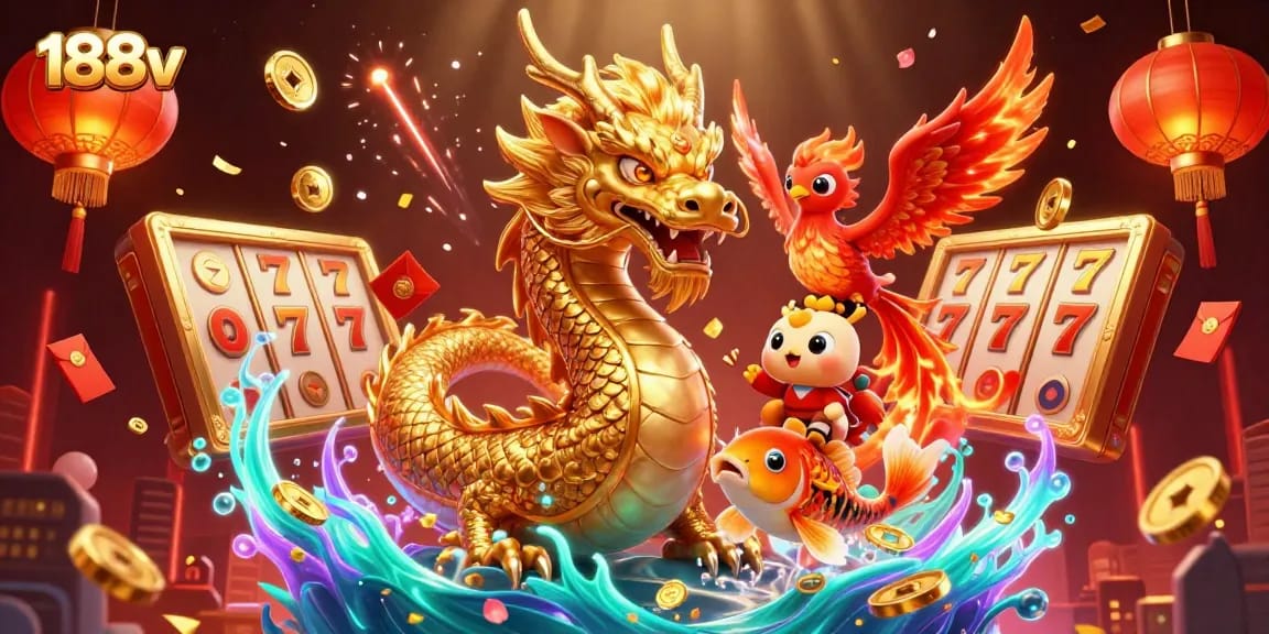 Experience thrilling action with 188v's dynamic gaming world featuring a golden dragon and vibrant slot elements.