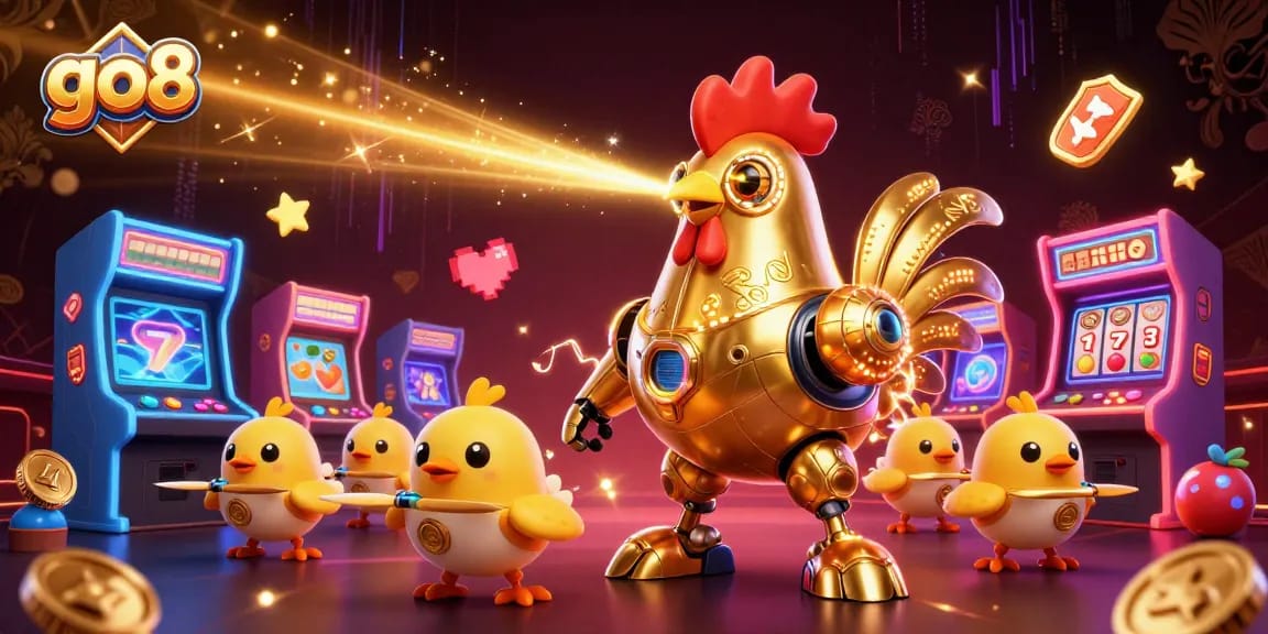 Play casino games at go8 with a vibrant and ultra-detailed 3D illustration featuring a golden rooster robot amidst slot machines and neon elements.