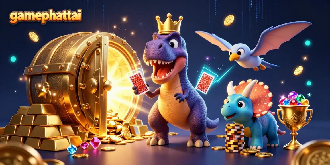 Experience thrilling gameplay with gamephattai as the charming T-Rex tries to shuffle cards surrounded by gold treasures.
